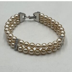 Nadri Simulated White Pearl
Bracelet with Pave Crystal‎ Clasp &
Accents